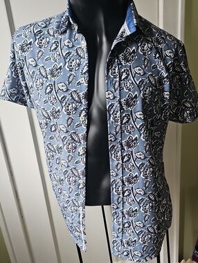 Men's Short-Sleeve Floral Button-Up Shirt Jacket - Blue
